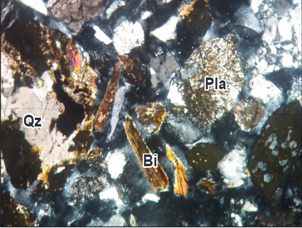 Gneis ricos en anfíboles, se observa cuarzo (Qz), biotita (Bi) con cloritización y plagioclasa (Pla) con sericitización.