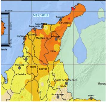Mapa de radiación solar de la costa Caribe colombiana [28].