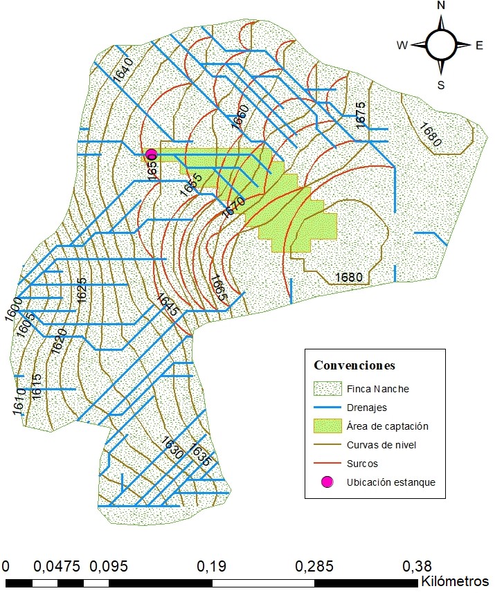 Mapa de determinación de oferta hídrica en la finca y ubicación del
estanque para el sistema VAC en la finca Nanche