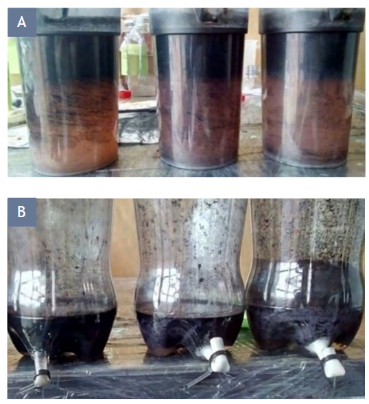 a) resultados de prueba de jarras realizada en campo, (b) lodo flotado después de la clarificación