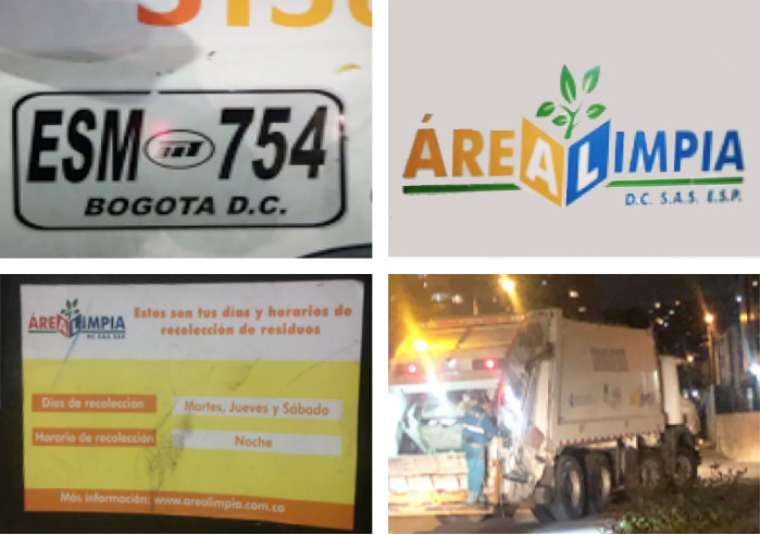 Características del camión compactador en el barrio Las Villas.
Placa, número, empresa y horario de recolección.