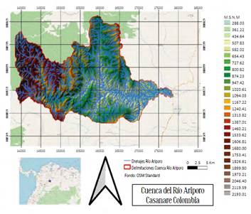 Representaci&oacute;n de la cuenca r&iacute;o Paz de Ariporo, delimitaci&oacute;n del &aacute;rea y elevaciones en metros sobre 

el nivel del mar.