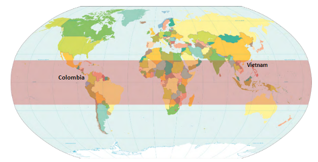 Ubicación de Colombia y Vietnam sobre la zona intertropical.