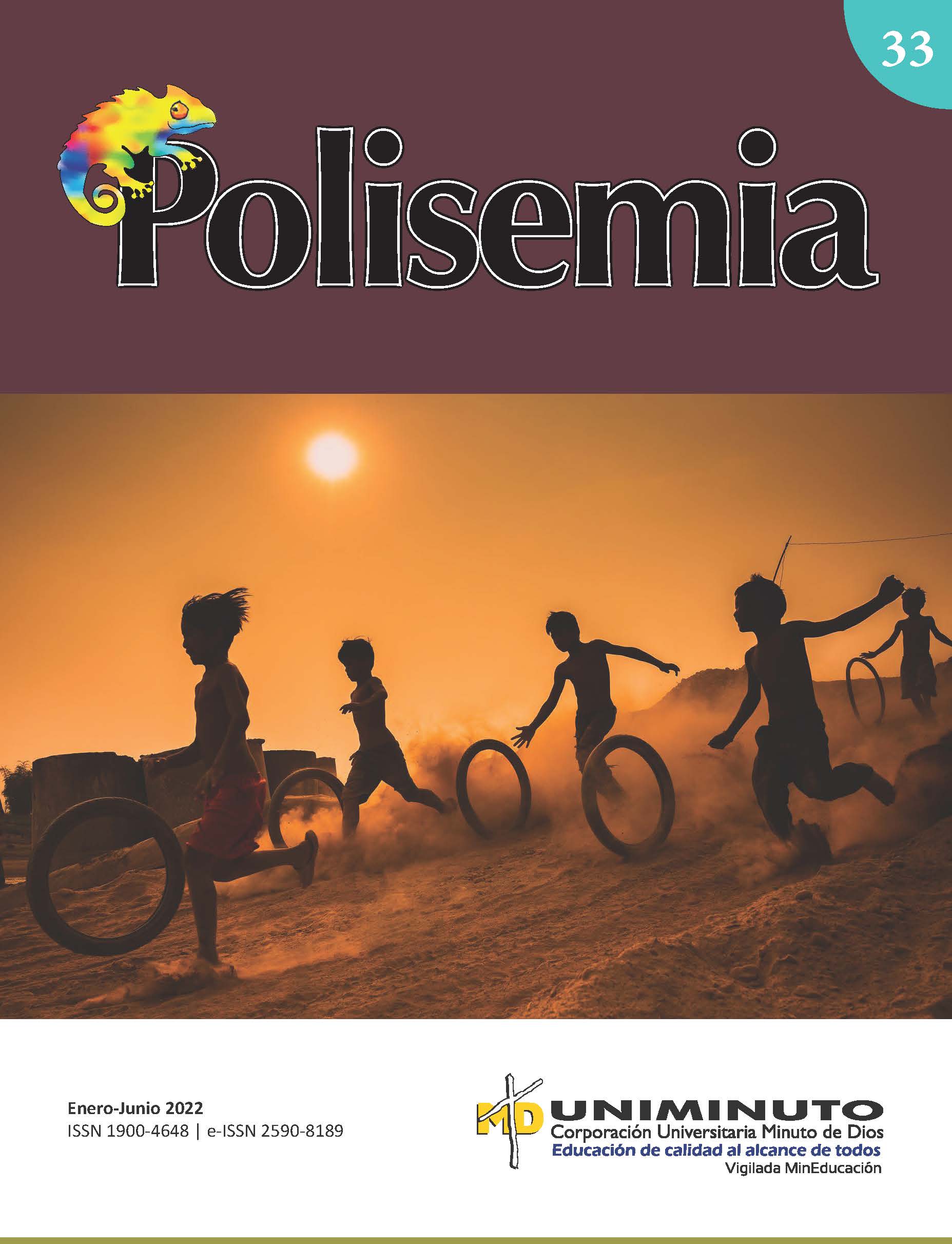 Portada número 33 con el nombre Polisemia y la imagen de niño sy niñas jugando con llantas de bicicleta en una ladera polvorosa al atardecer.